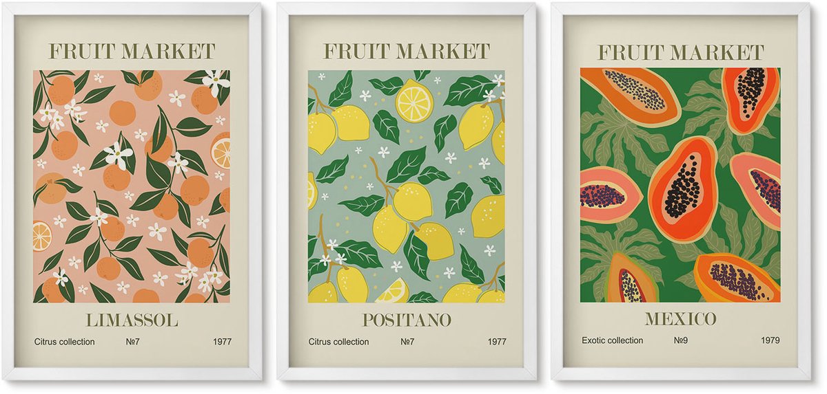 Wallfluent 3-Delige Schilderij Set - Citrus- En Tropische Vruchten In Retrostijl - 40 x 60 - Wanddecoratie - Muurdecoratie - Woonkamer