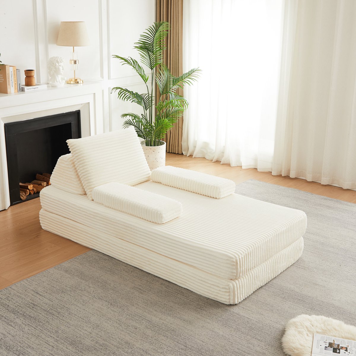OKWISH Slaapbank 211,5 cm - Modulaire 2-Zits Bank Met Verplaatsbare Rug- En Armleuningen - Voor Woonkamer Of Logeerkamer - Corduroy - Beige