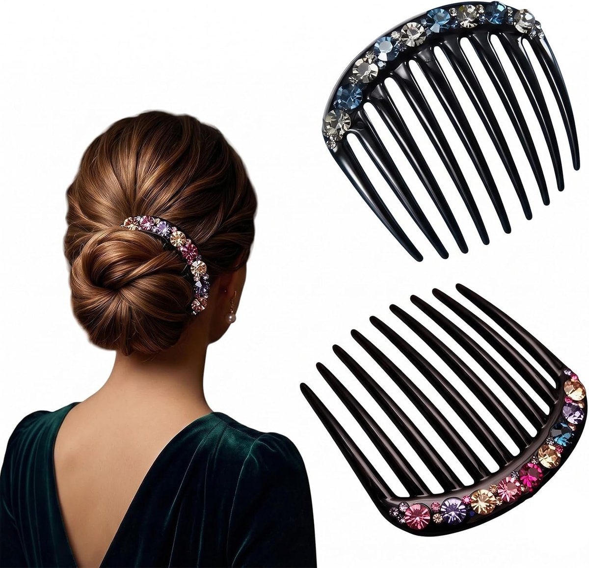 2 x strass haarkam met 9 tanden, decoratieve zijkammen met fonkelende kristallen, haarclip, accessoires - ShopVlot