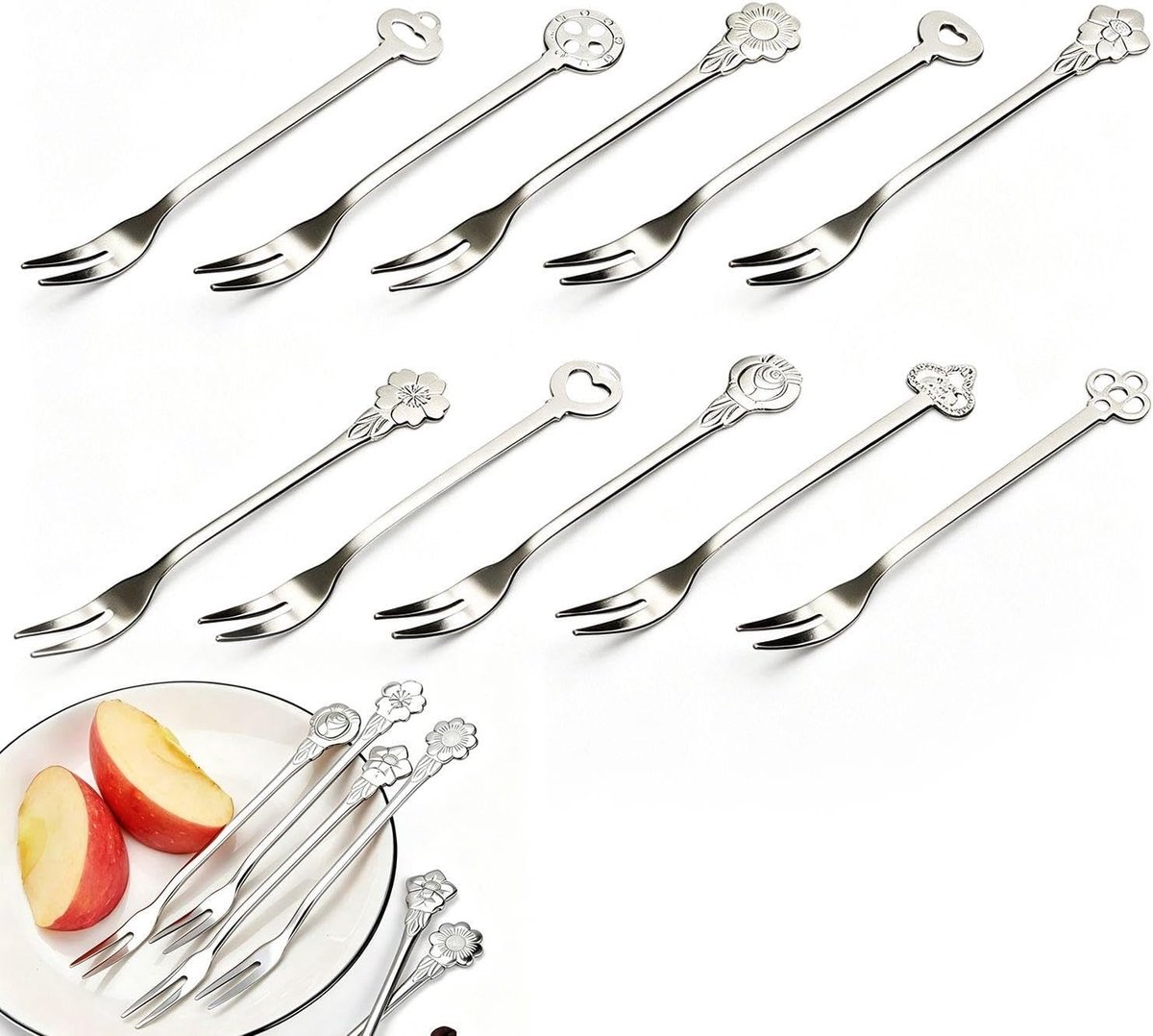Fruit Vorken Set 10 Stuks - Roestvrij Staal - Zilver - Ideaal voor Taarten en Desserts - ShopVlot