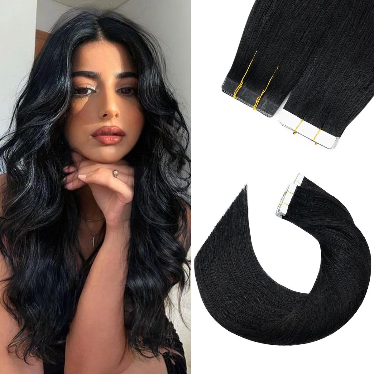Tape-in haarextensions 20 stuks - Remy haar 35 cm - Lichte versie ravenzwart - Voor een volle haardos - ShopVlot