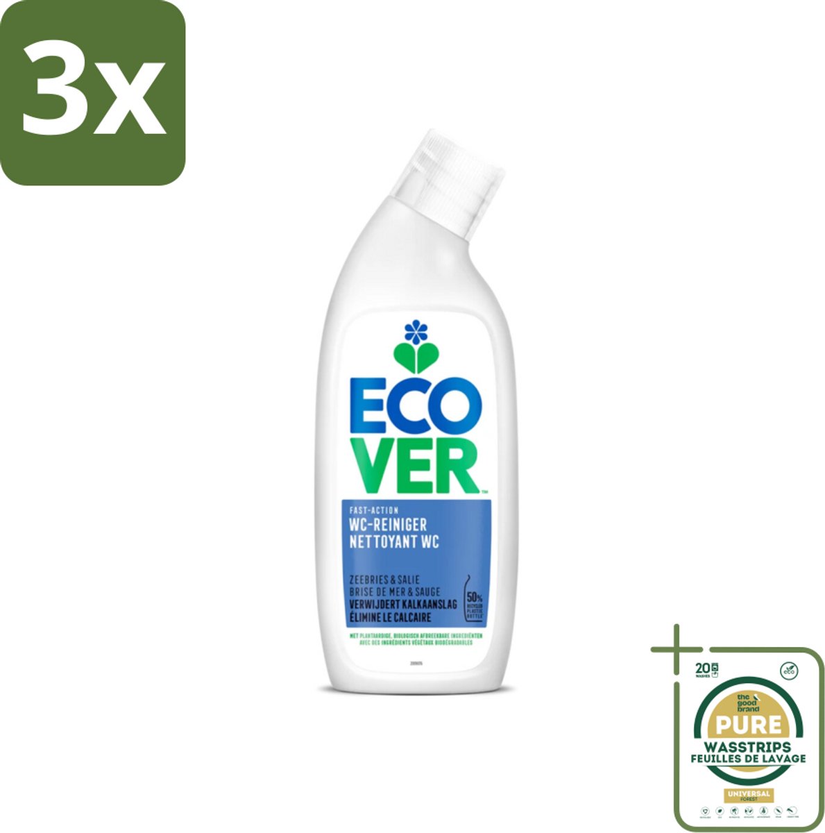 3 x Ecover - Toiletreiniger - Zeebries & Salie - 750 ml - Grootverpakking - Toiletreiniger - Zeebries - Salie - Natuurlijke Geur - Plantaardige Reiniging