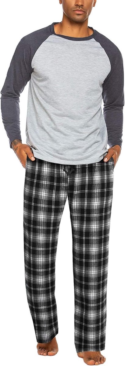 ADOME Mens Two-Piece Long Pajama Set Sleepwear Long Sleeve Top and Plaid Pajama Pants Sleepwear Winter Free Time - ShopVlot