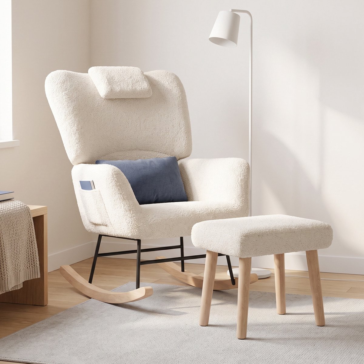Schommelstoel met voetenbank - Relaxfauteuil met hoge rugleuning en zijvak - Teddy stof - Scandinavisch - Beige