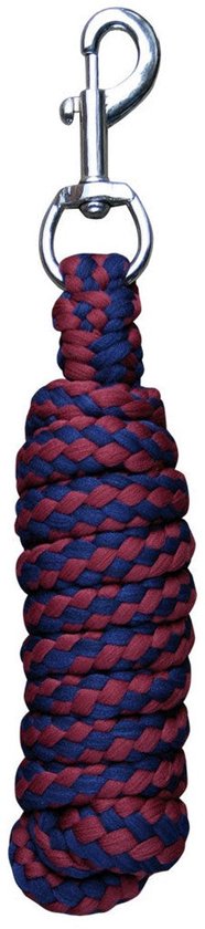 Donkerblauw en bordeauxrood gevlochten halstertouw met zilverkleurige musketonhaak.