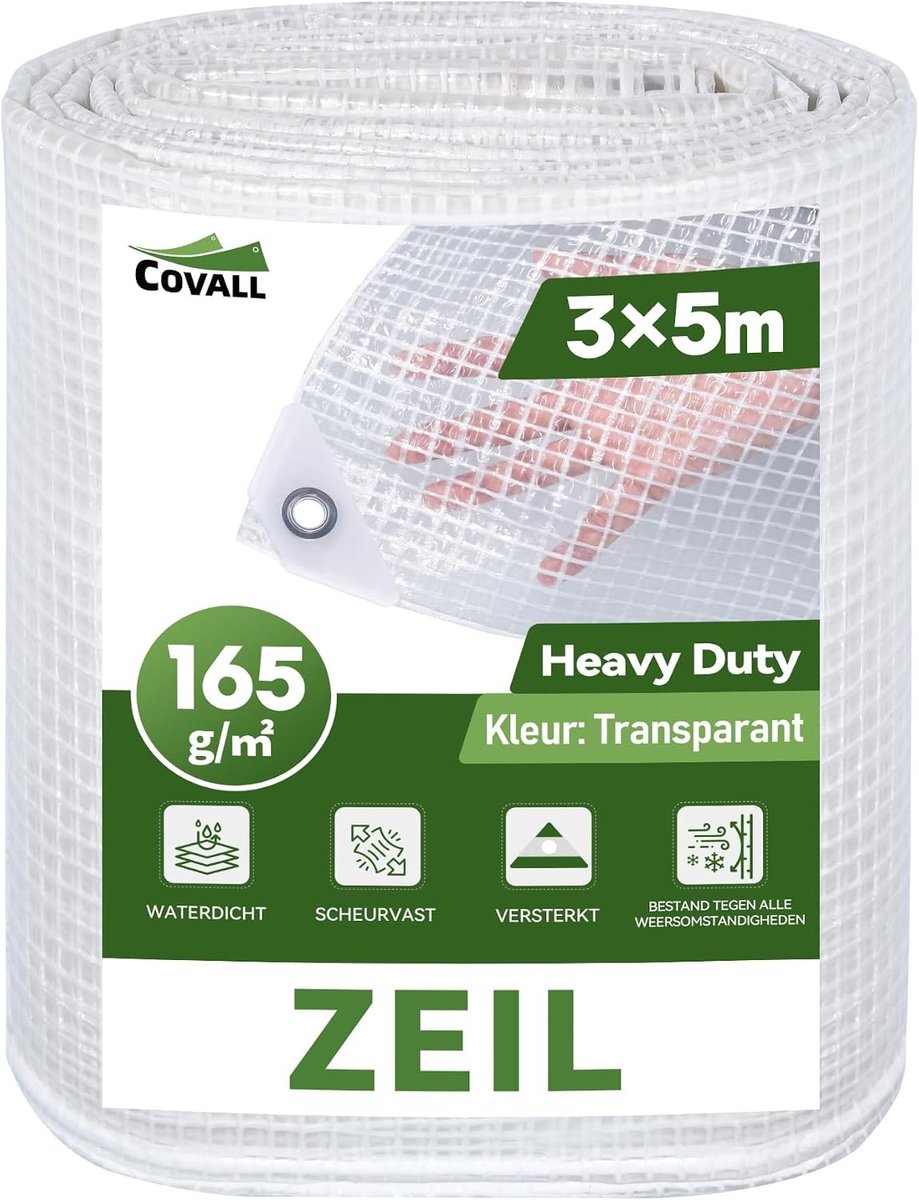 Waterdicht transparant tentzeil - Transparant - 3x5 m - Polyethyleen 165 g/m² - Robuust afdekzeil voor buitengebruik