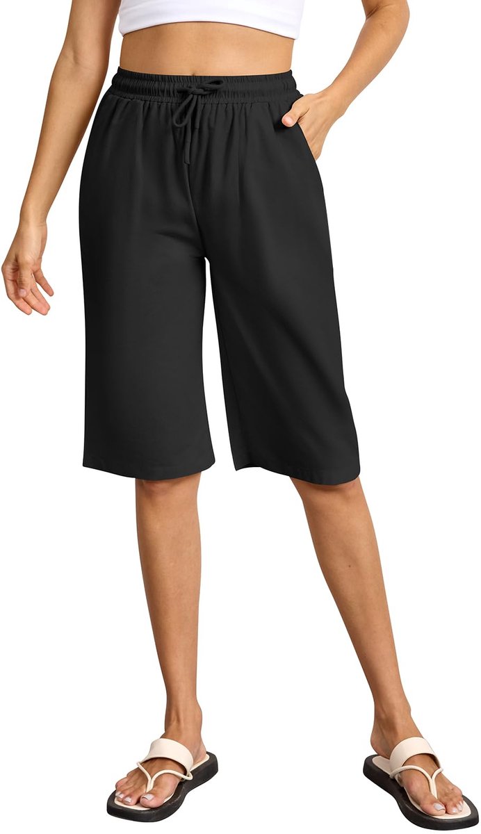 Lishang Lange Vrouwenshort Zomer Vloeiend Hoge Taille Elastische Korte Katoenen Strandshort met Zakken en Trekkoord - ShopVlot