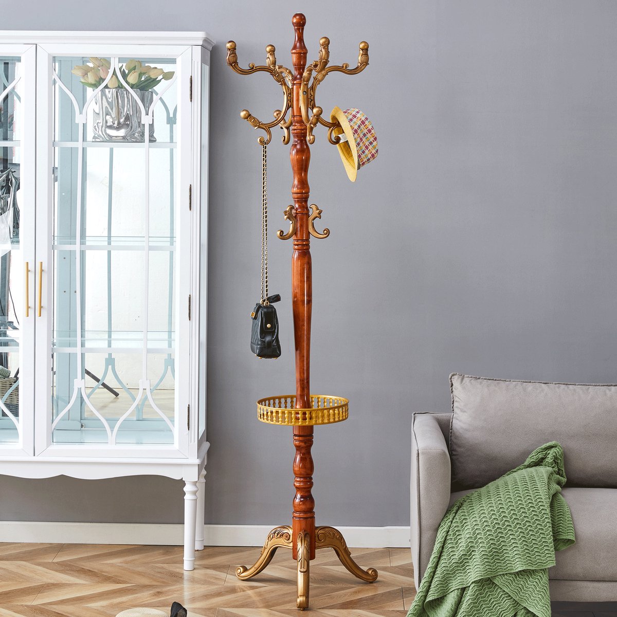TEKROA® Kapstok - kledingrek van massief hout met een mierikswortelhoutlook – meerdere opbergmogelijkheden - stabiel - eenvoudig te monteren en voorzien van antislipvoetjes