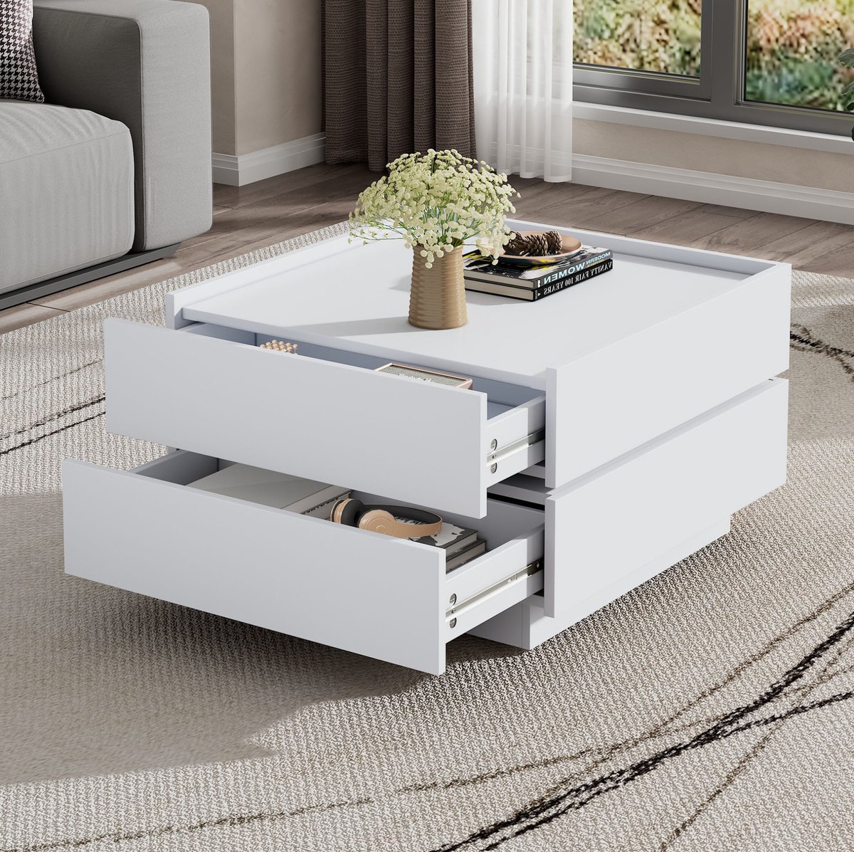 MODENUIT Salontafel - 360° Draaibaar Blad Met 2 Lades - Woonkamer En Lounge - Spaanplaat - Wit - 60x60x38 Cm