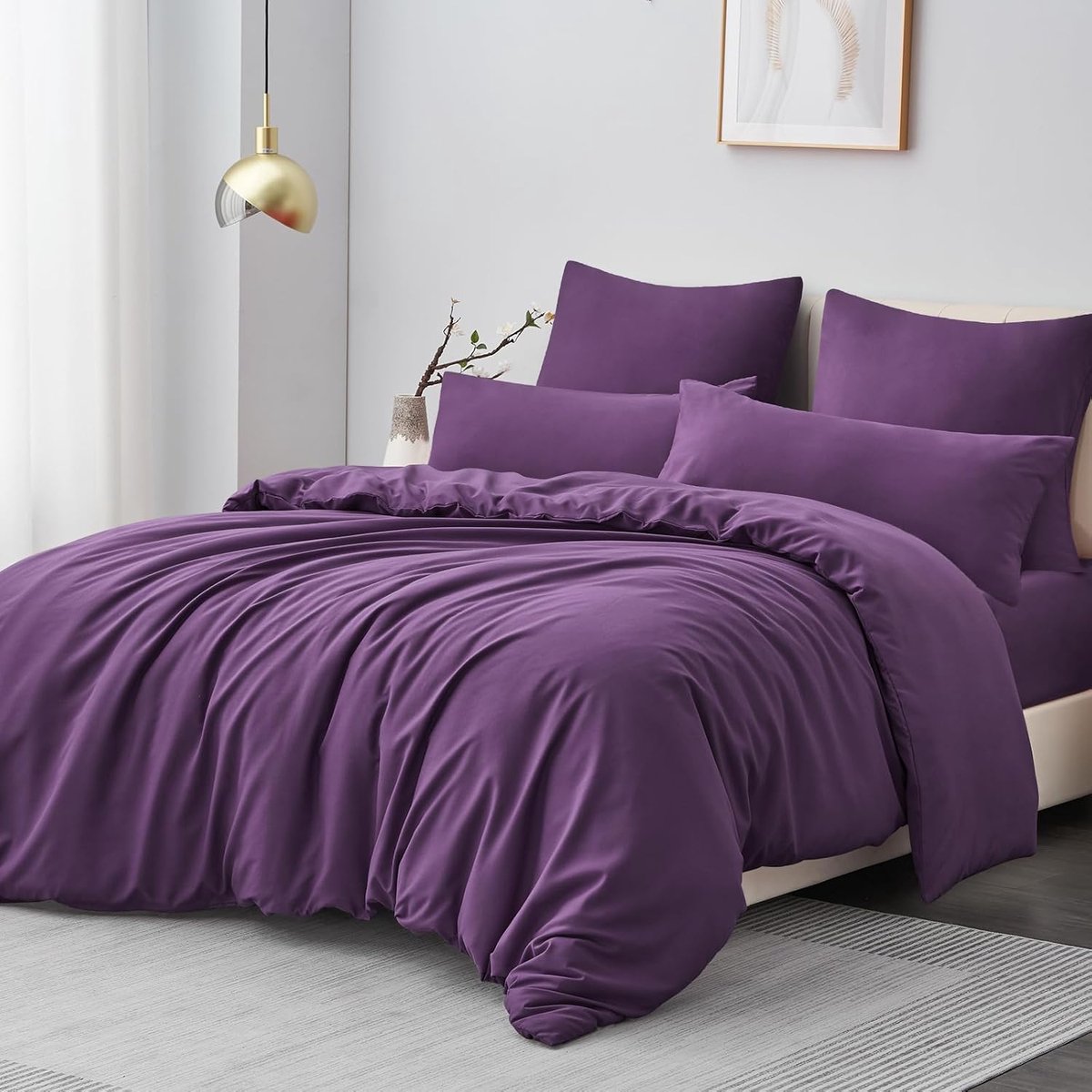 Aisbo Microfibre Bed Linen Set of 3 with Zip, Soft Non-Iron with Pillowcases and Duvet Cover 200 x 200 cm, Purple - ShopVlot