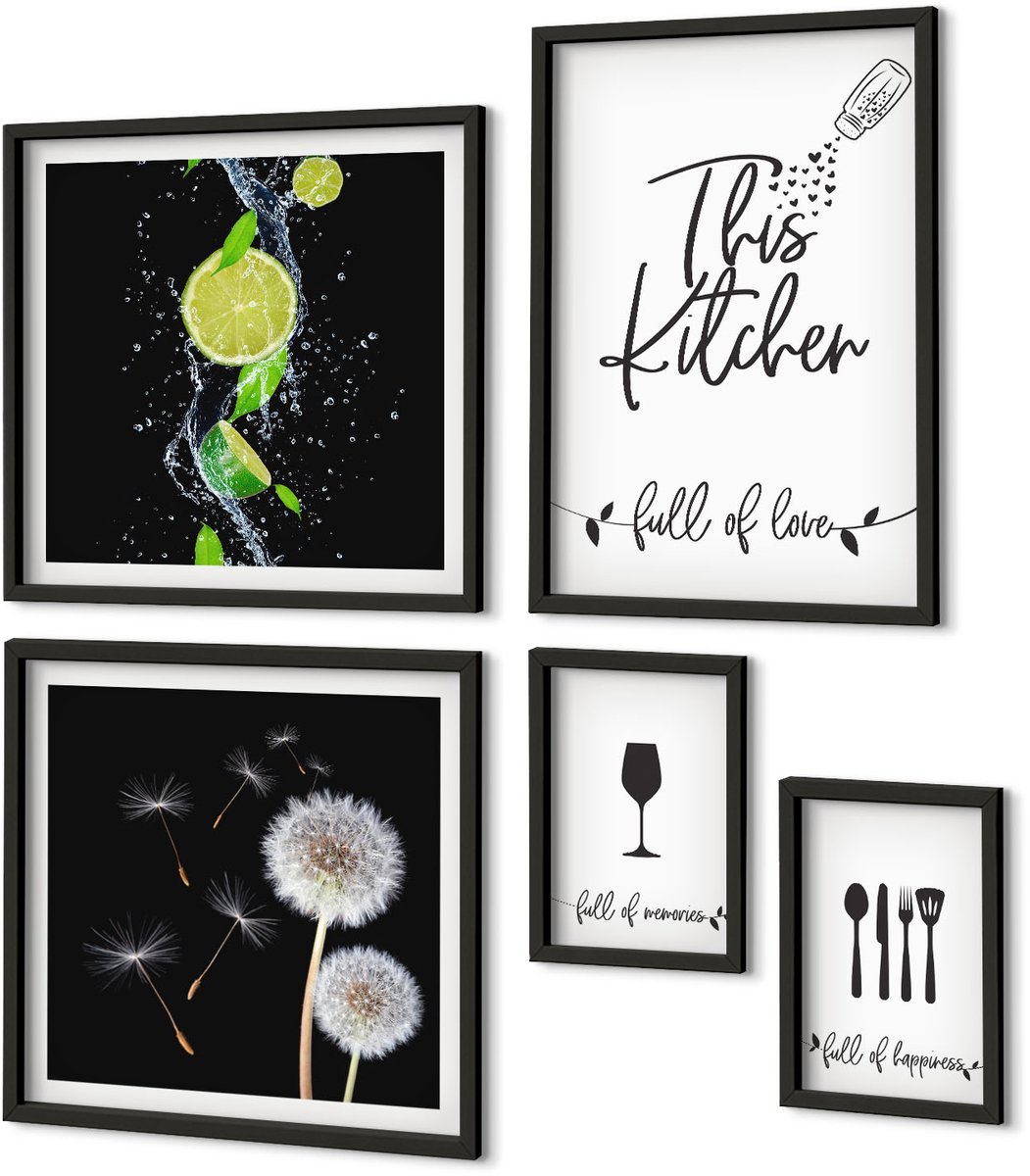 Coloray 5-Delige Schilderij Set - Keukeninspiratie Met Een Passie Voor Koken En Eten. - 50 x 50 cm, 20 x 30 cm En 40 x 60 cm - Wanddecoratie - Muurdecoratie - Woonkamer
