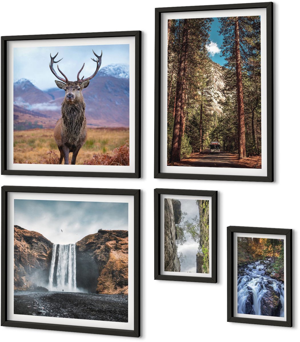 Coloray 5-Delige Schilderij Set - Natuurlandschappen Met Watervallen En Wilde Dieren - 50 x 50 cm, 20 x 30 cm En 40 x 60 cm - Moderne Wanddecoratie - Woonkamer Zwarte lijst
