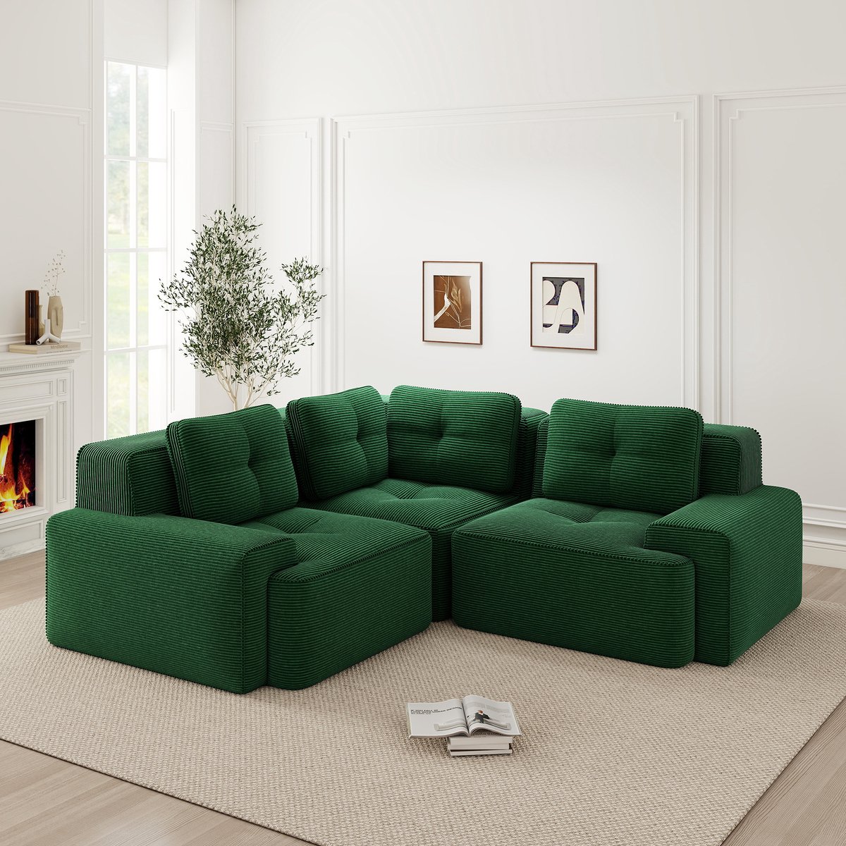 Modulaire bank zonder frame met diepe zit - Geschikt voor woonkamer en kantoor - Groen - Zachte corduroy bekleding en 32D schuim - 74 cm diepe zit en antislip basis - Geen montage modulair te combineren