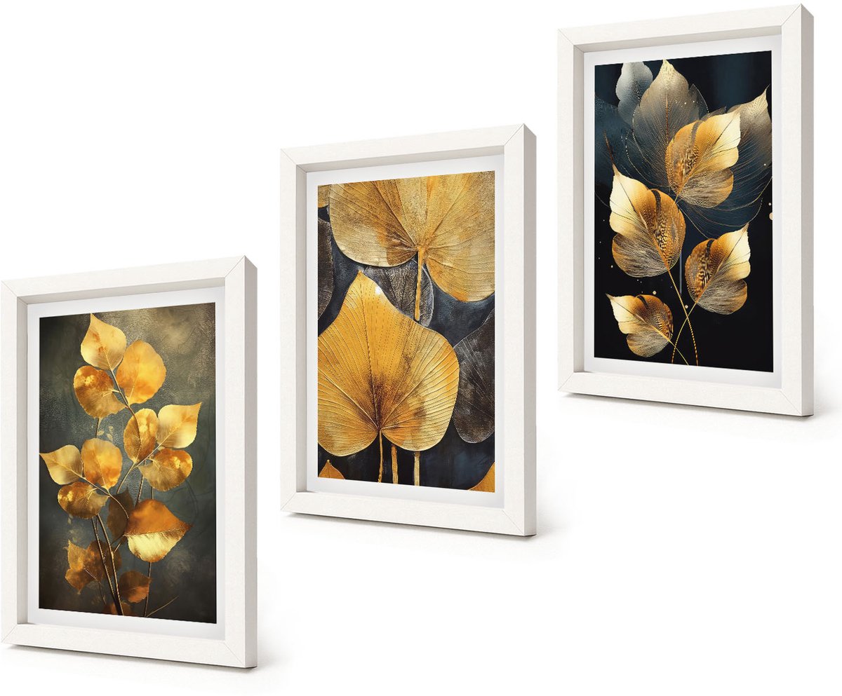 Coloray 3-Delige Schilderij Set - Bladeren in verschillende tinten geel op een donkere achtergrond - 20x30 - Moderne Wanddecoratie - Woonkamer