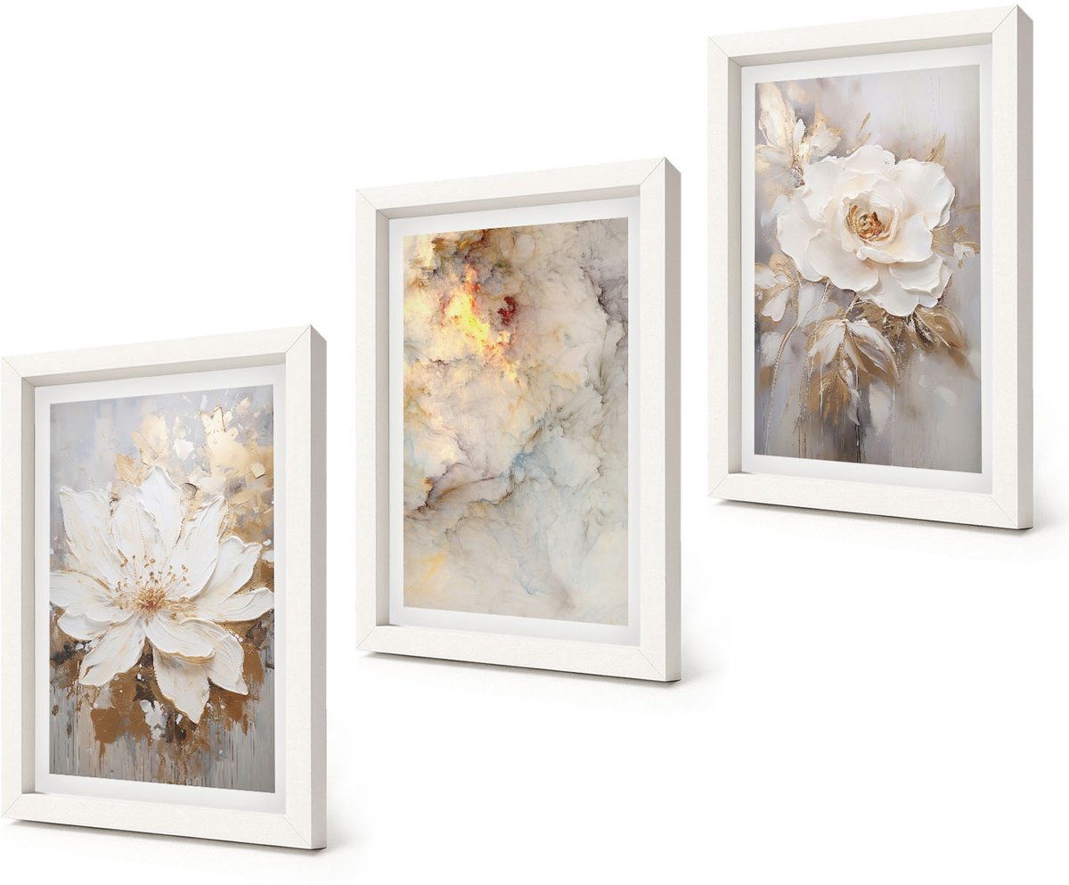 Coloray 3-Delige Schilderij Set - Bloemen op een lichte achtergrond met abstracte patronen. - 20x30 - Stijlvolle Muurdecoratie - Kantoor
