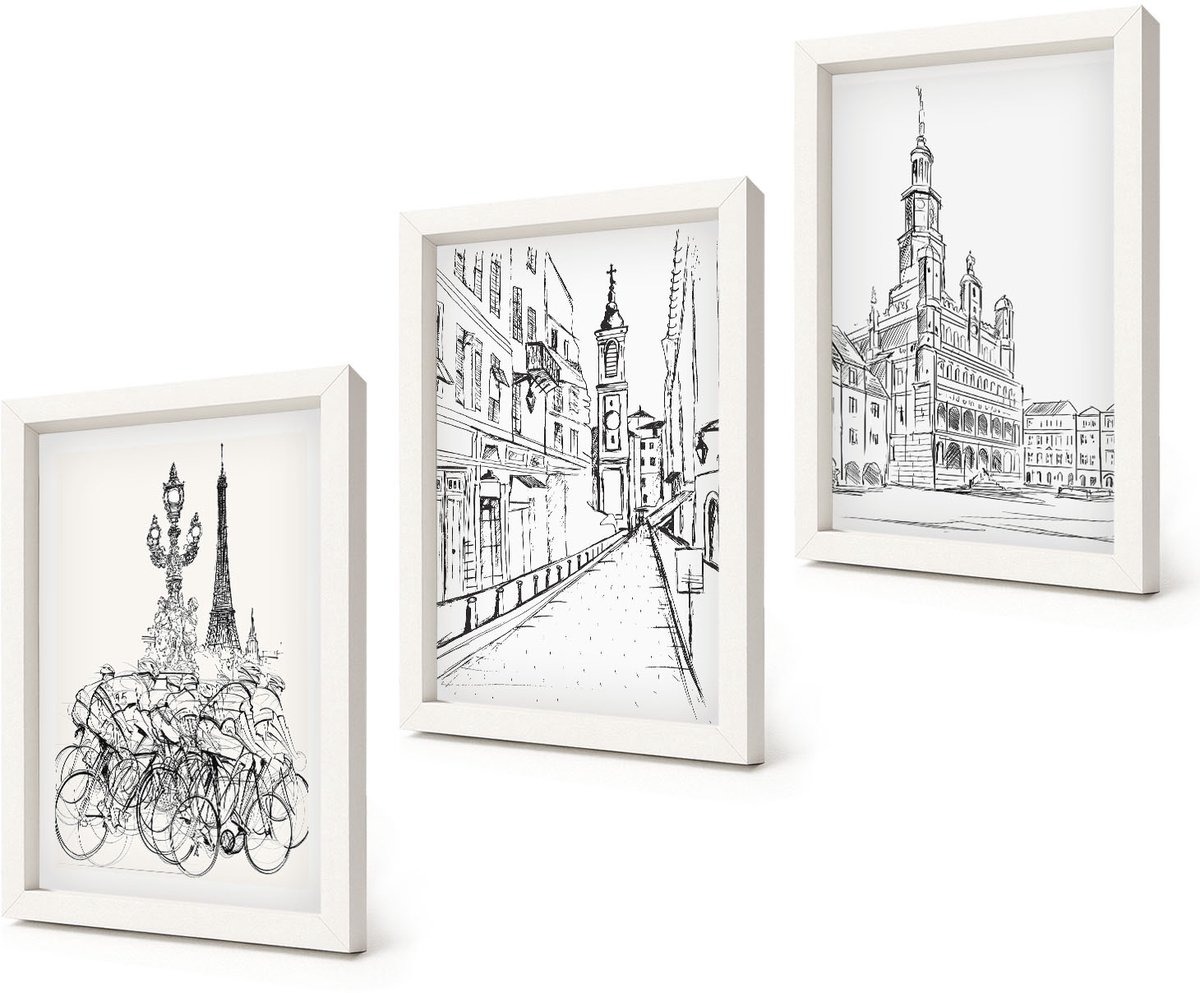 Coloray 3-Delige Schilderij Set - Eenvoudige tekeningen van stadsgezichten - 20x30 - Schilderijen Set - Wanddecoratie - Woonkamer - Interieur Decoratie