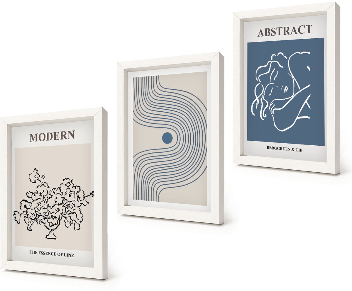 Coloray 3-Delige Schilderij Set - Posters met bloemen, lijnen en abstracte vormen - 20x30 - Moderne Wanddecoratie - Slaapkamer - Interieur Decoratie