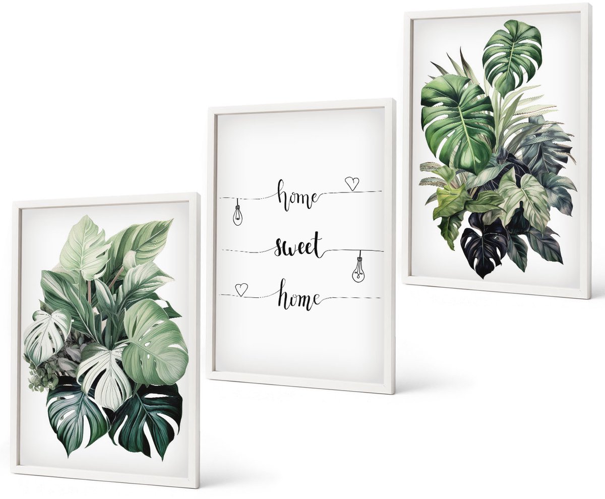 Coloray 3-Delige Schilderij Set - Aquarel Monstera Verlaat Het Fijne Thuis - 40 x 60 - Schilderijen Set - Wanddecoratie - Woonkamer - Decoratieve Schilderijen