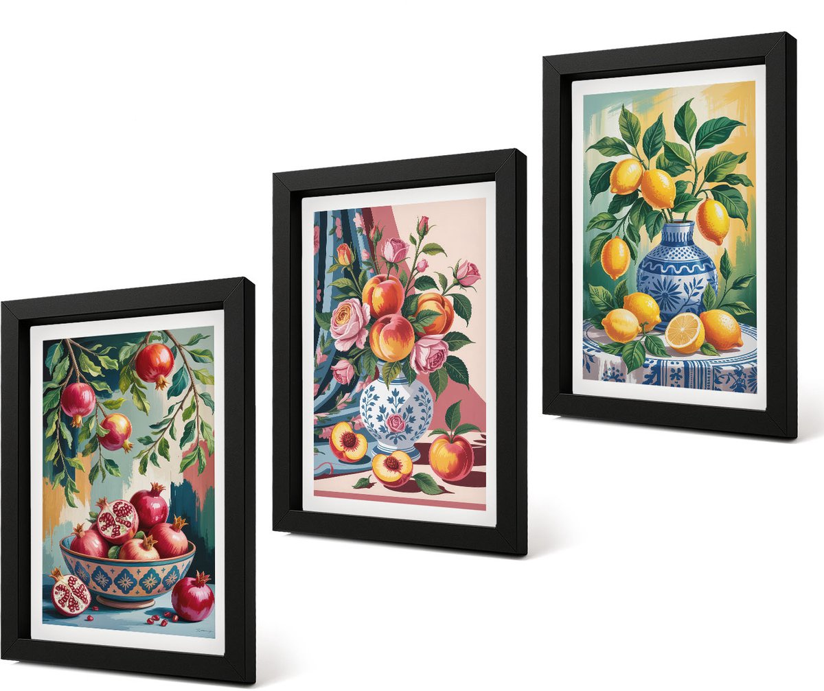 Coloray 4-Delige Schilderij Set - Geschilderde bloemen en fruit in vazen - 20 x 30 cm - Moderne Wanddecoratie - Woonkamer - Decoratieve Schilderijen