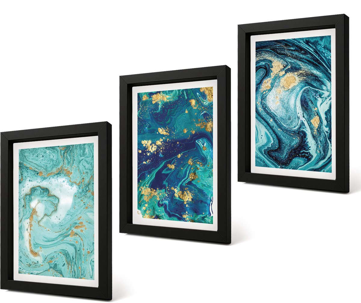 Coloray 4-Delige Schilderij Set - Turquoise abstractie van gemorste verf - 20 x 30 cm - Stijlvolle Wanddecoratie - Interieur