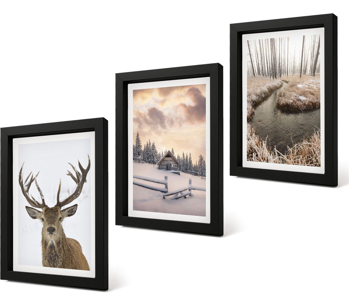 Coloray 4-Delige Schilderij Set - Winterlandschap met hertenhut en beekje - 20 x 30 cm - Muurdecoratie - Decoratieve Schilderijen - Wohnzimmer