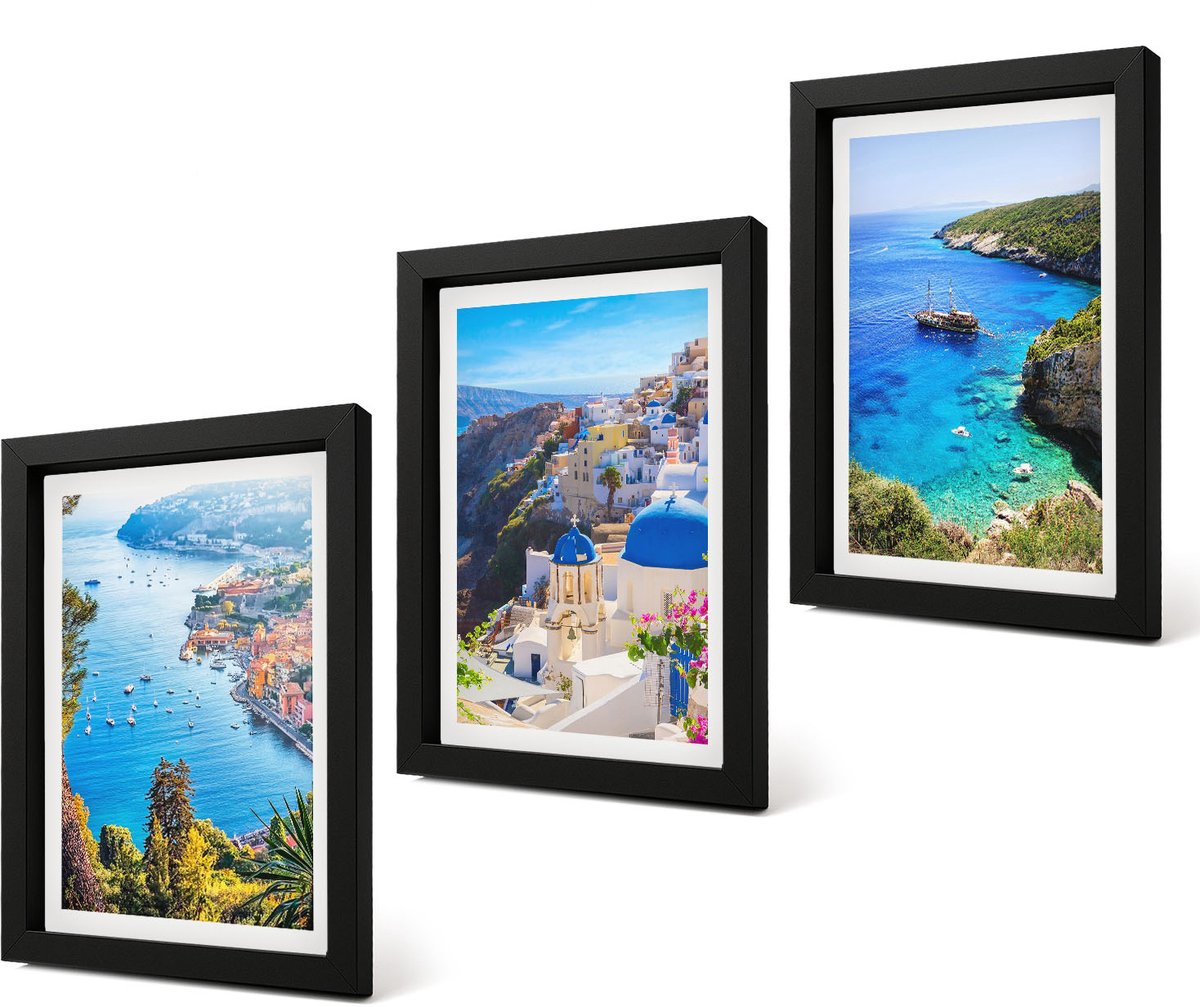 Coloray 4-Delige Schilderij Set - Uitzicht op de Griekse kust en het stadje Oia op Santorini - 20 x 30 cm - Wanddecoratie - Schilderijen Set - Interieur