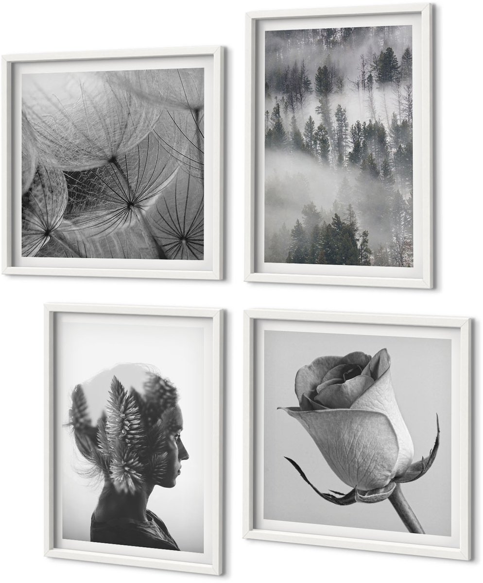 Coloray 4-Delige Schilderij Set - Melancholisch Bos In De Mist Portret Van Een Vrouw Planten - 40 x 40 En 40 x 60 - Wanddecoratie - Schilderijen Set - Interieur - Moderne Wanddecoratie