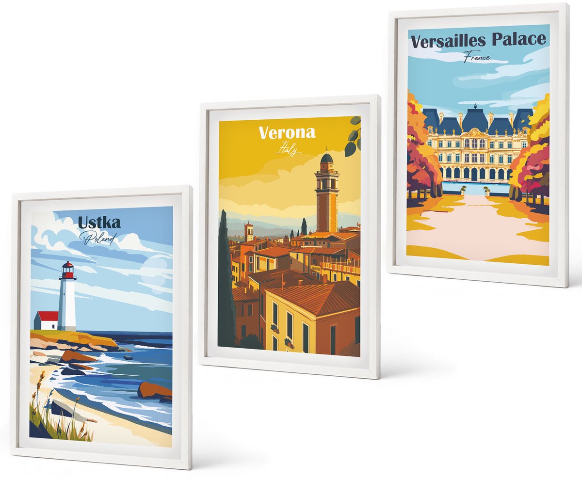 Coloray 3-Delige Schilderij Set - Uitzichten Op Beroemde Plekken Aan Zee En In Steden - 40 x 60 - Stijlvolle Muurdecoratie - Kantoor