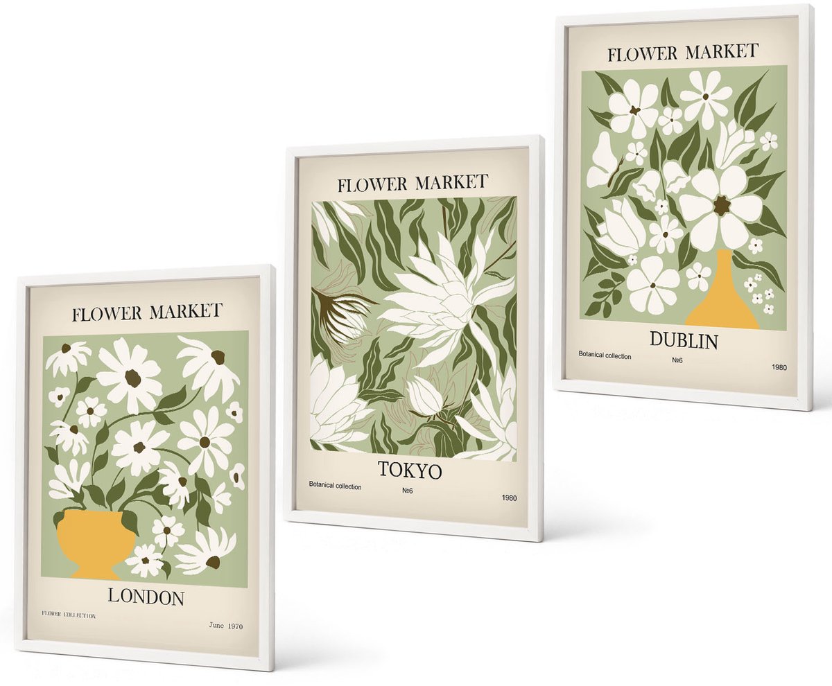 Coloray 3-Delige Schilderij Set - Bloemenposterontwerpen Londen Tokio Dublin - 40 x 60 - Wanddecoratie - Muurdecoratie - Moderne Interieurdecoratie - Woonkamer Decoratie