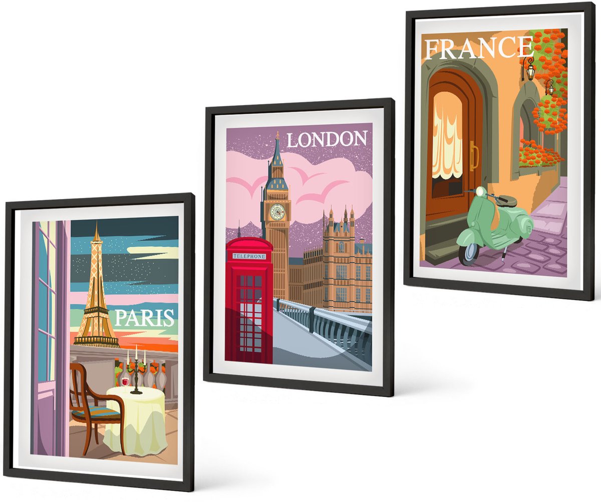Coloray 3-Delige Schilderij Set - Retro Stadsgezichten Van Parijs, Londen En Frankrijk - 40 x 60 cm - Schilderijen Set - Wanddecoratie - Woonkamer - Woonkamer Decoratie