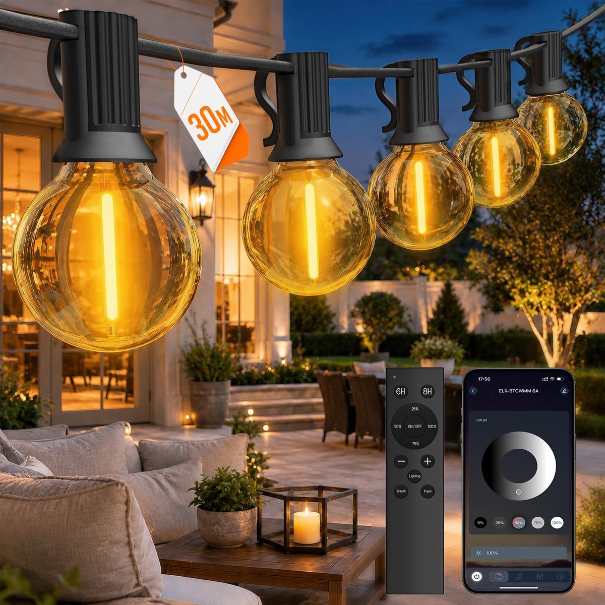 GLUROO Lichtsnoer Voor Buiten 30M met APP Afstandsbediening, Dimbaar LED Lichtslingers met Warm Wit G40 Gloeilamp - ShopVlot