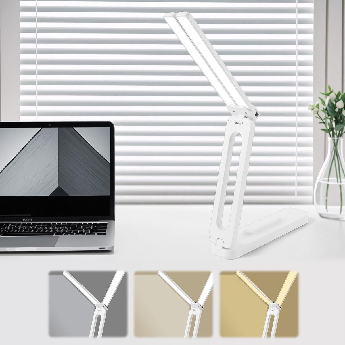 Bureaulamp -bureaulamp led dimbaar-bureaulamp kind- Opvouwbare studielamp met USB-oplaadpoort - Draaibare LED-bureaulamp met dubbele arm - Draagbare nachtlamp met drie kleurstanden - Voor lezen, knutselen, werken en studeren - Wit - 20,5 cm — cadeau in Gadgets - foto 7