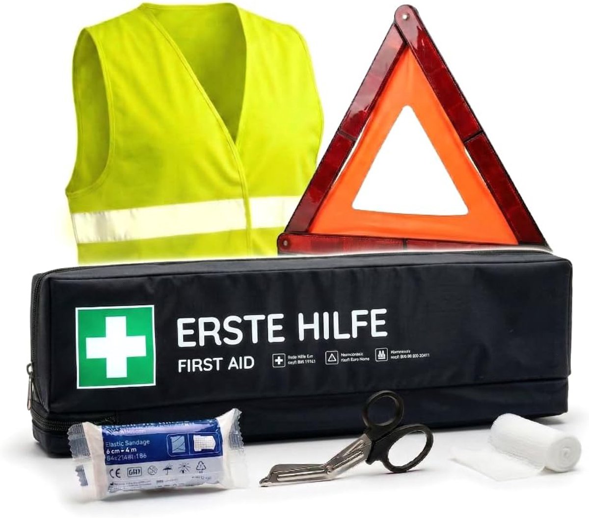 Auto verbandtas incl. gevarendriehoek en veiligheidsvest volgens DIN 13164:2022 - EHBO-set voor auto en motorfiets - Zwart - Lang formaat
