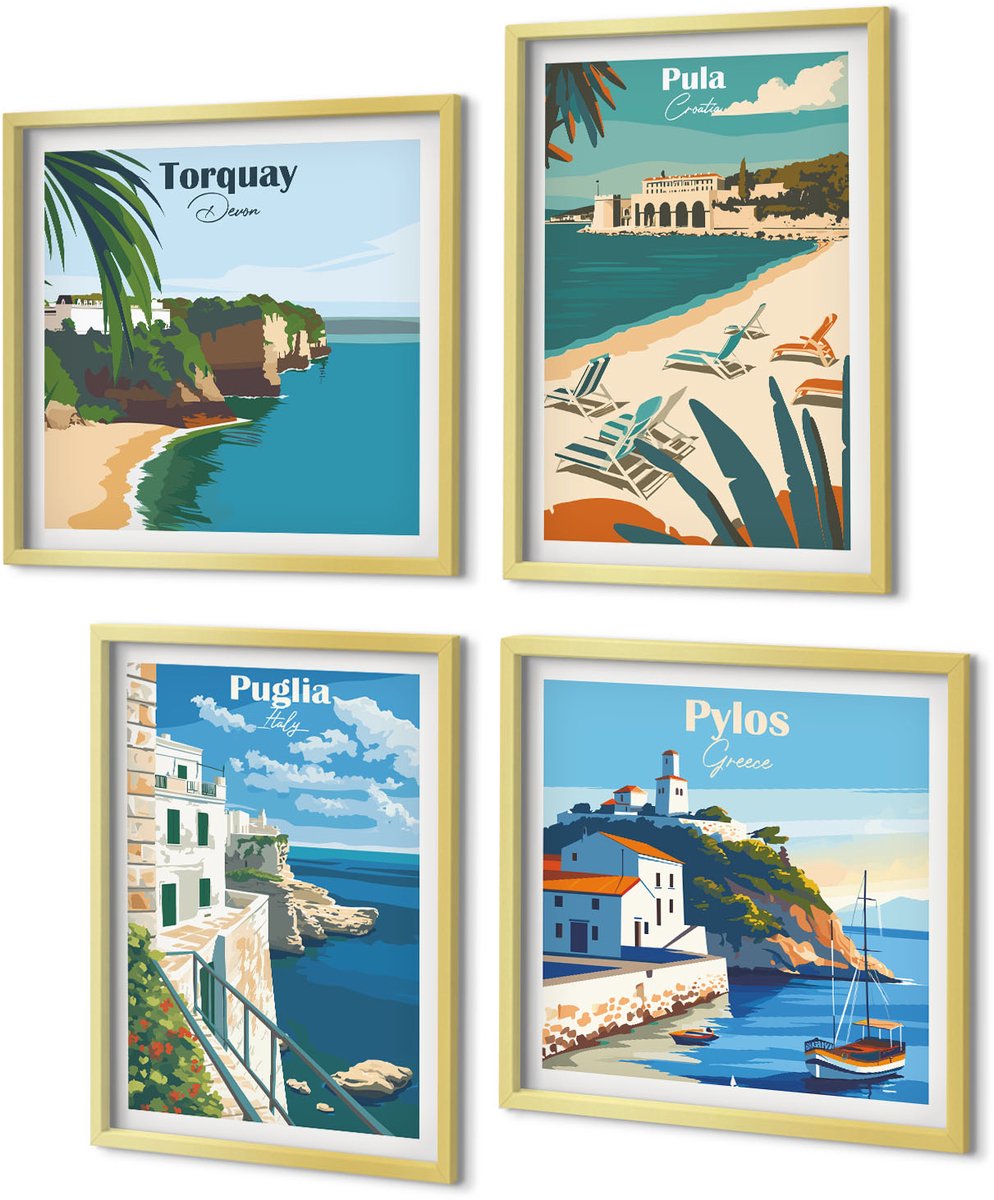 Coloray 4-Delige Schilderij Set - Schilderachtige kustlandschappen uit toeristische landen - 40 x 40 cm en 40 x 60 cm - Stijlvolle Muurdecoratie - Slaapkamer - Interieur Decoratie
