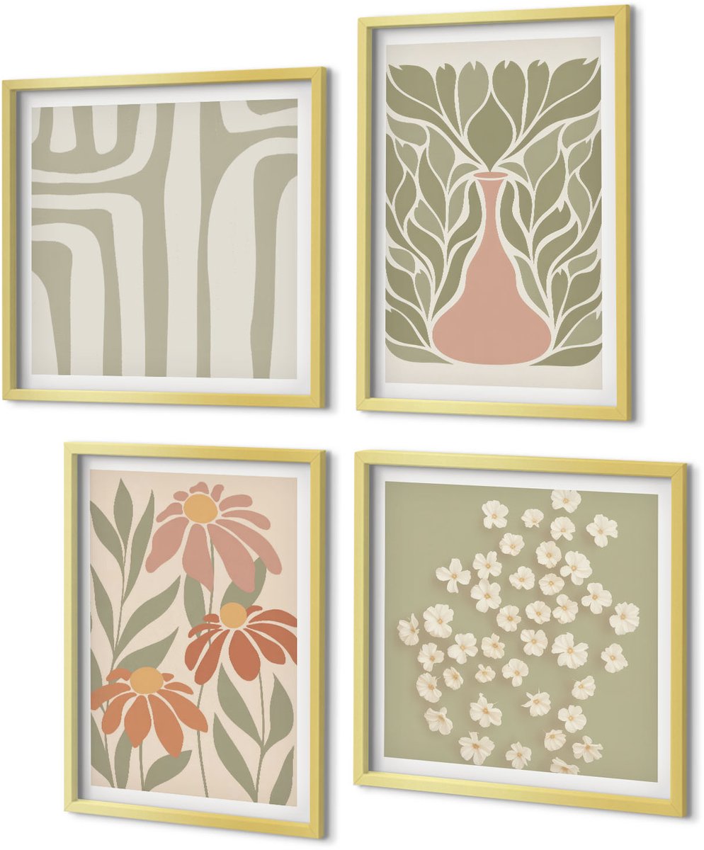 Coloray 4-Delige Schilderij Set - Bloemmotieven, minimalistische patronen, boho-stijl - 40 x 40 cm en 40 x 60 cm - Wanddecoratie - Muurdecoratie - Moderne Interieurdecoratie