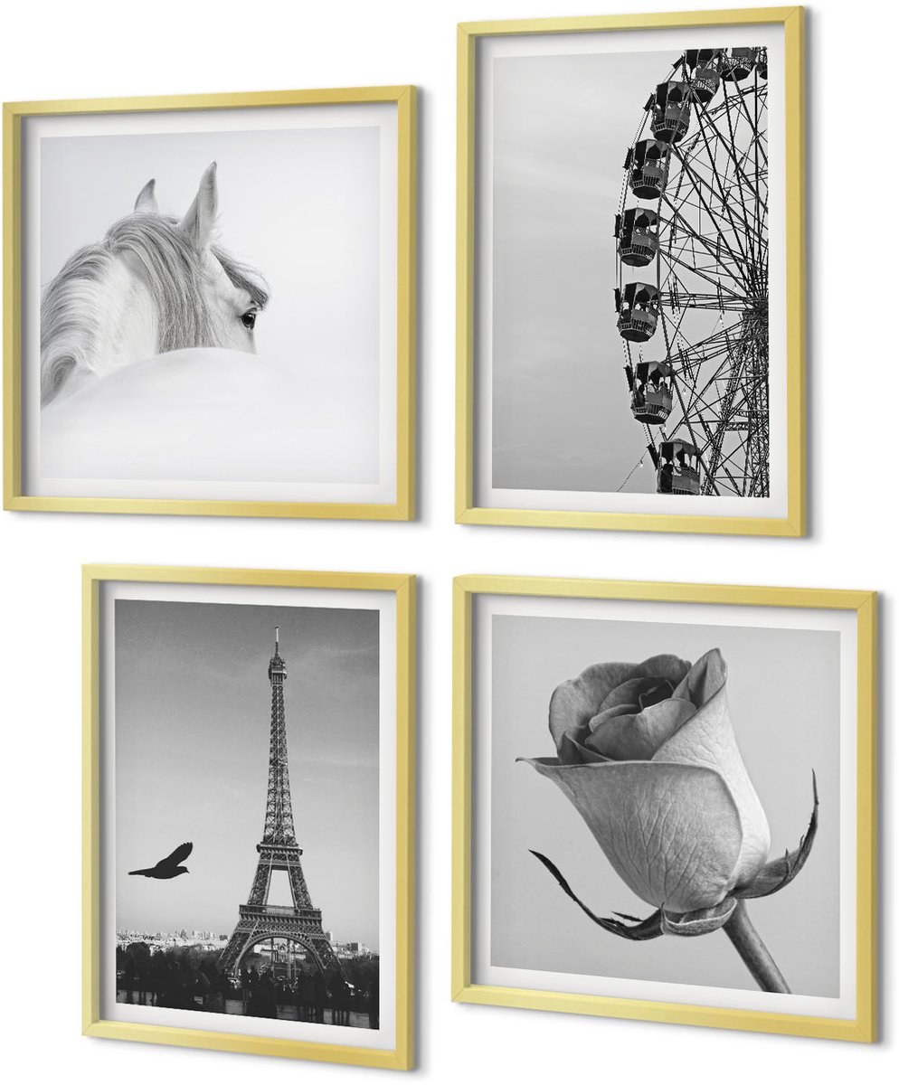 Coloray 4-Delige Schilderij Set - Roze Eiffeltoren Paard Reuzenrad Monochroom - 40 x 40 cm en 40 x 60 cm - Wanddecoratie - Woonkamer Decoratie