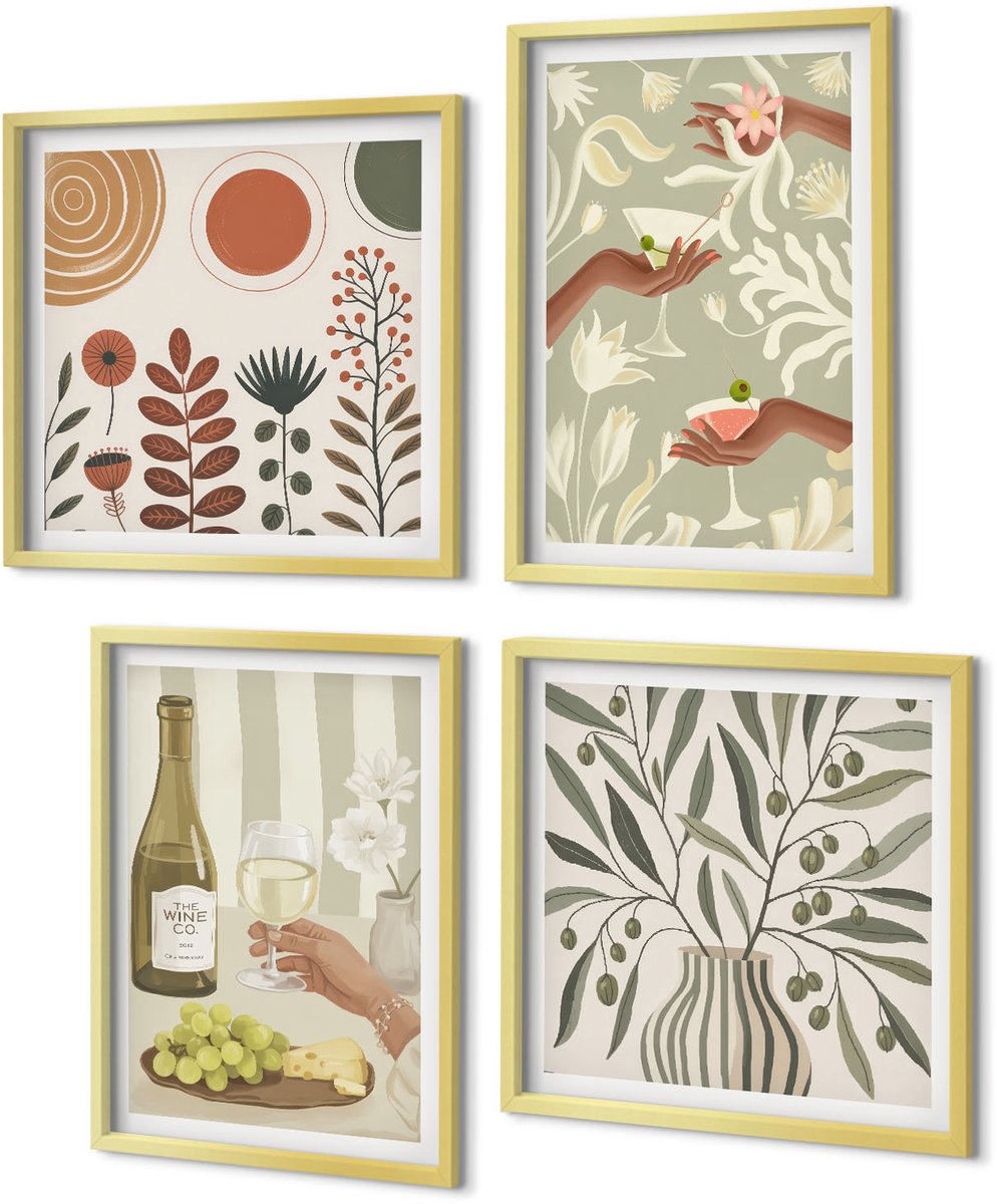 Coloray 4-Delige Schilderij Set - Olijfbloemen en rustieke cocktails - 40 x 40 cm en 40 x 60 cm - Moderne Wanddecoratie - Woonkamer - Stijlvolle Muurdecoratie