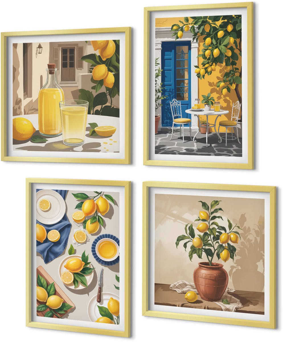 Coloray 4-Delige Schilderij Set - Citroentuin met citroenen en drankjes op tafel. - 40 x 40 cm en 40 x 60 cm - Muurdecoratie - Decoratieve Schilderijen - Wohnzimmer - Stijlvolle Muurdecoratie