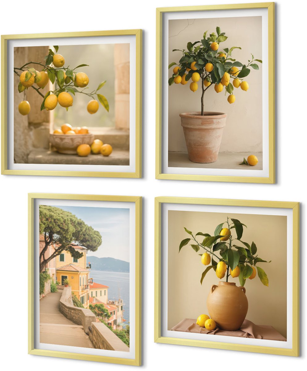 Coloray 4-Delige Schilderij Set - Citroenbomen in potten en op de vensterbank - 40 x 40 cm en 40 x 60 cm - Decoratieve Muurdecoratie - Slaapkamer - Decoratieve Schilderijen
