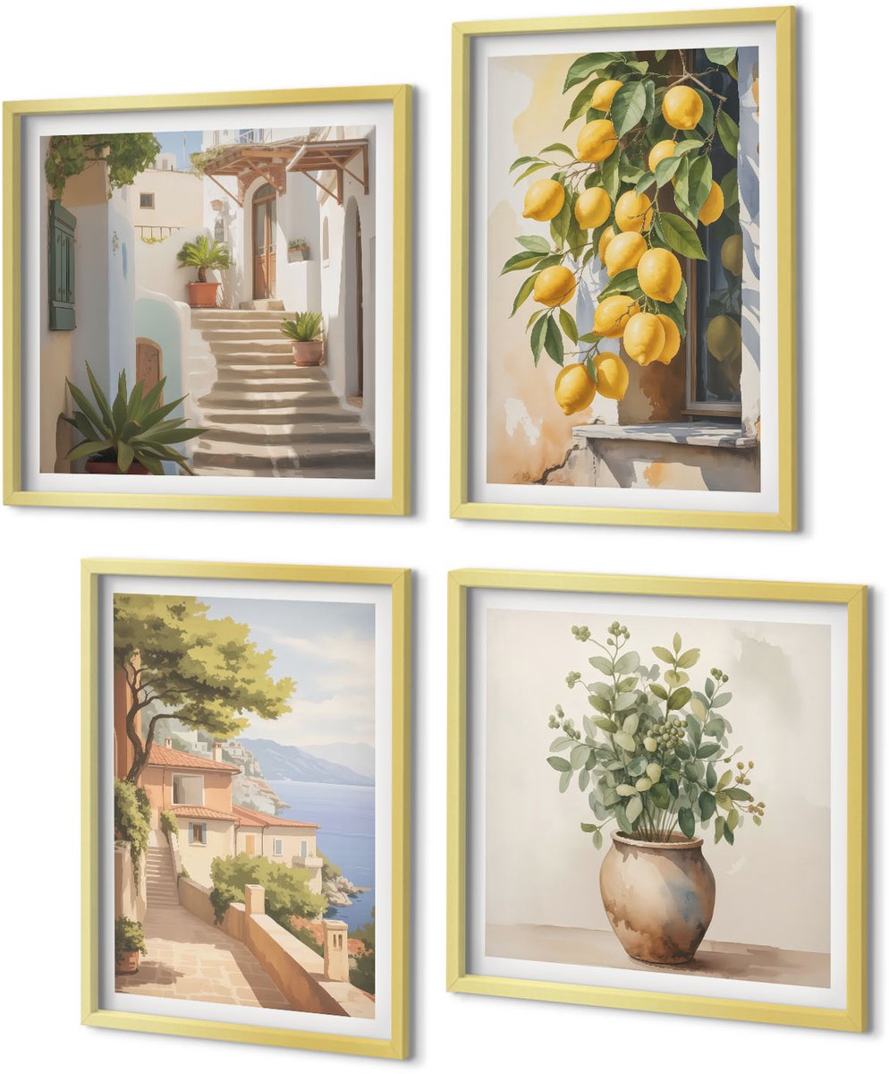 Coloray 4-Delige Schilderij Set - Bloemen in een vaas met uitzicht op zee en citroenen - 40 x 40 cm en 40 x 60 cm - Schilderijen Set - Wanddecoratie - Woonkamer