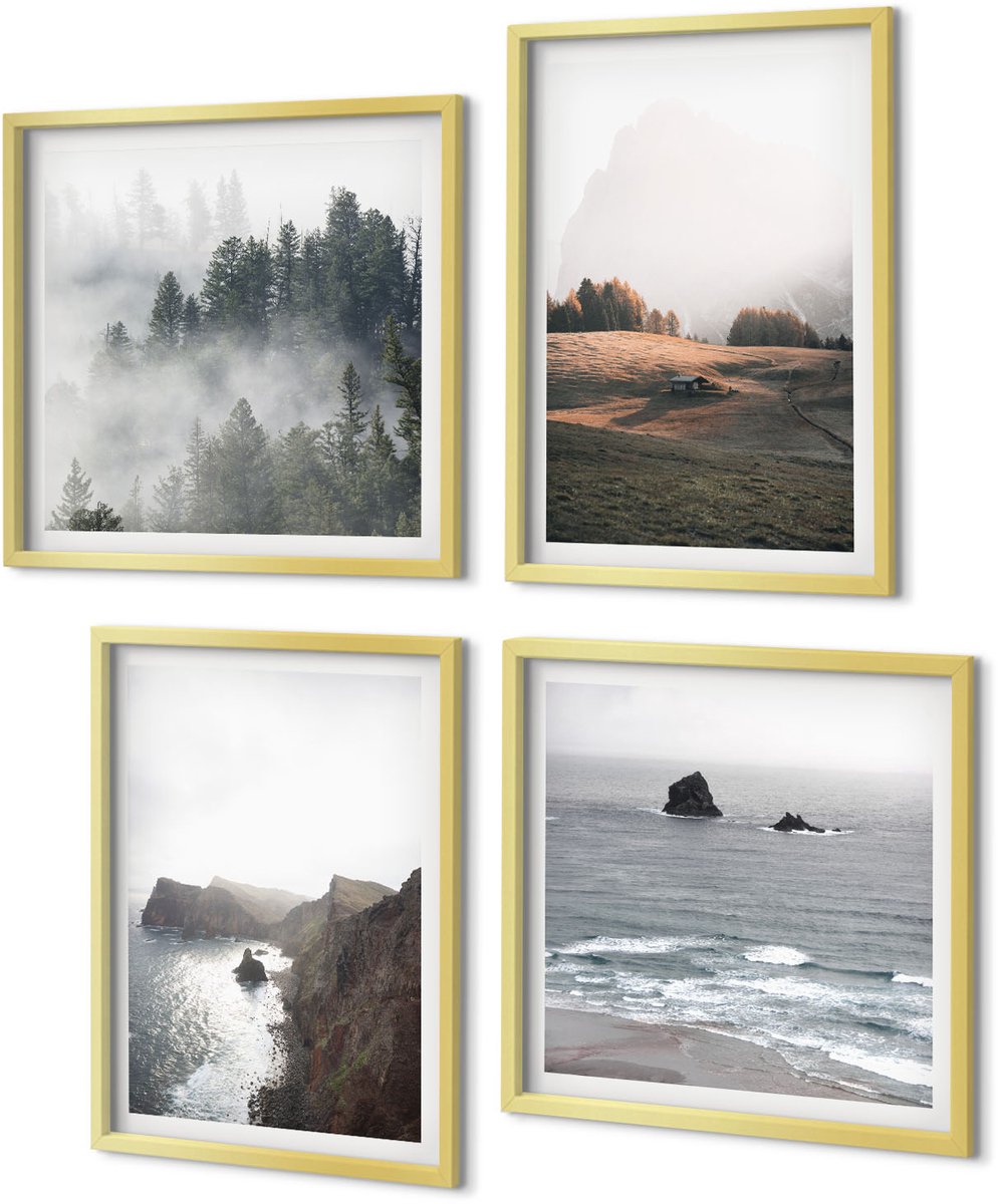 Coloray 4-Delige Schilderij Set - Berg- en zeelandschappen met wolken en bossen - 40 x 40 cm en 40 x 60 cm - Muurdecoratie - Wanddecoratie - Hal - Stijlvolle Muurdecoratie
