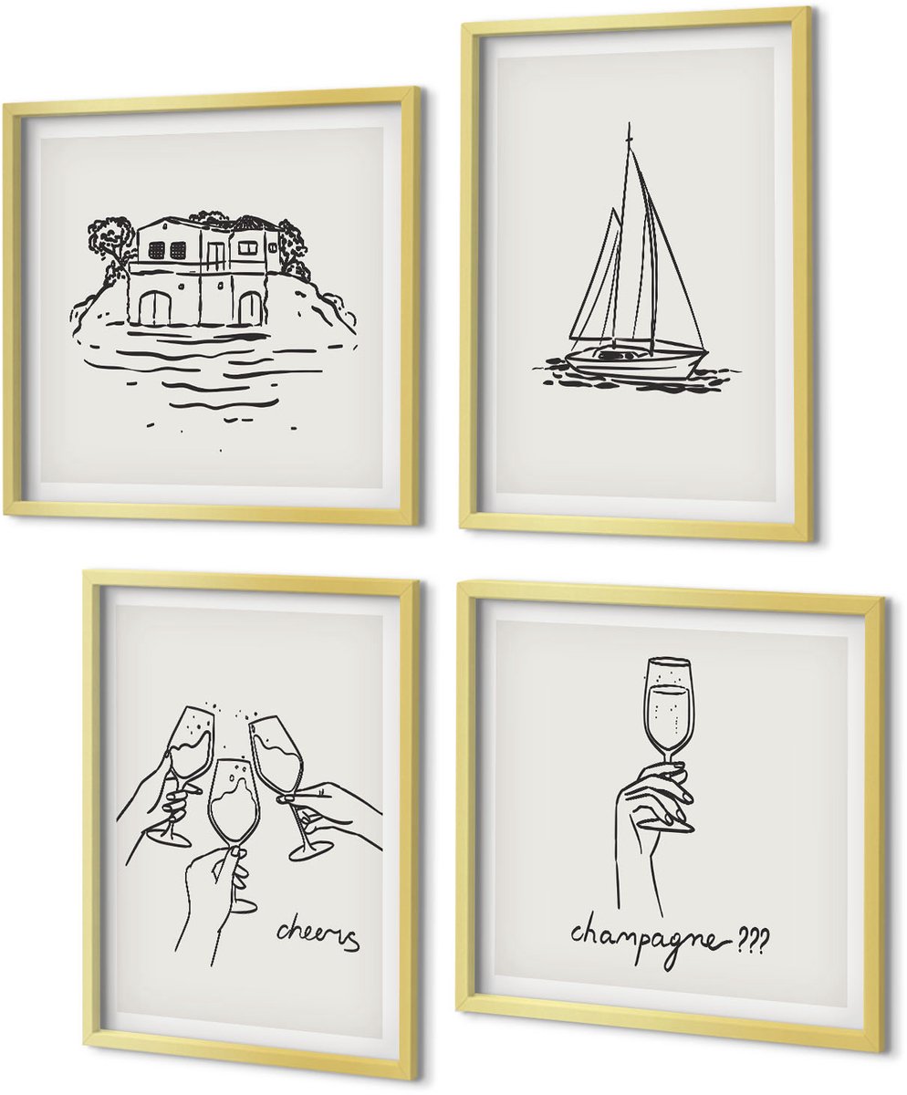 Coloray 4-Delige Schilderij Set - Uitzicht op het water, een huis dat proost met glazen en een zeilboot. - 40 x 40 cm en 40 x 60 cm - Decoratieve Schilderijen - Woonkamer - Interieur - Muurdecoratie