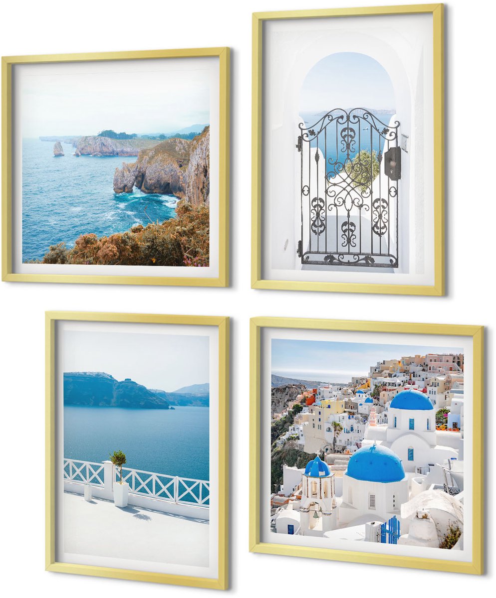 Coloray 4-Delige Schilderij Set - Zeezicht met Griekse architectuur - 40 x 40 cm en 40 x 60 cm - Muurdecoratie - Decoratieve Schilderijen - Wohnzimmer - Woonkamer Decoratie