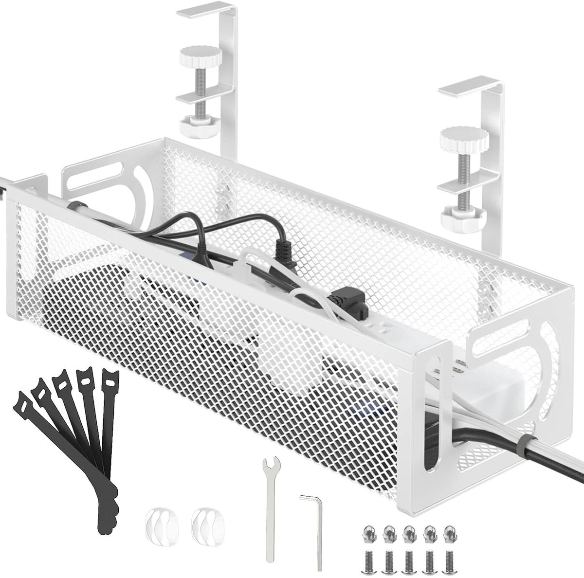 Famanu – Kabelbeheerlade voor onder bureau, geen boren nodig, metalen gaas klem-on kabelgoot voor draadorganisator, wit, 1 stuk