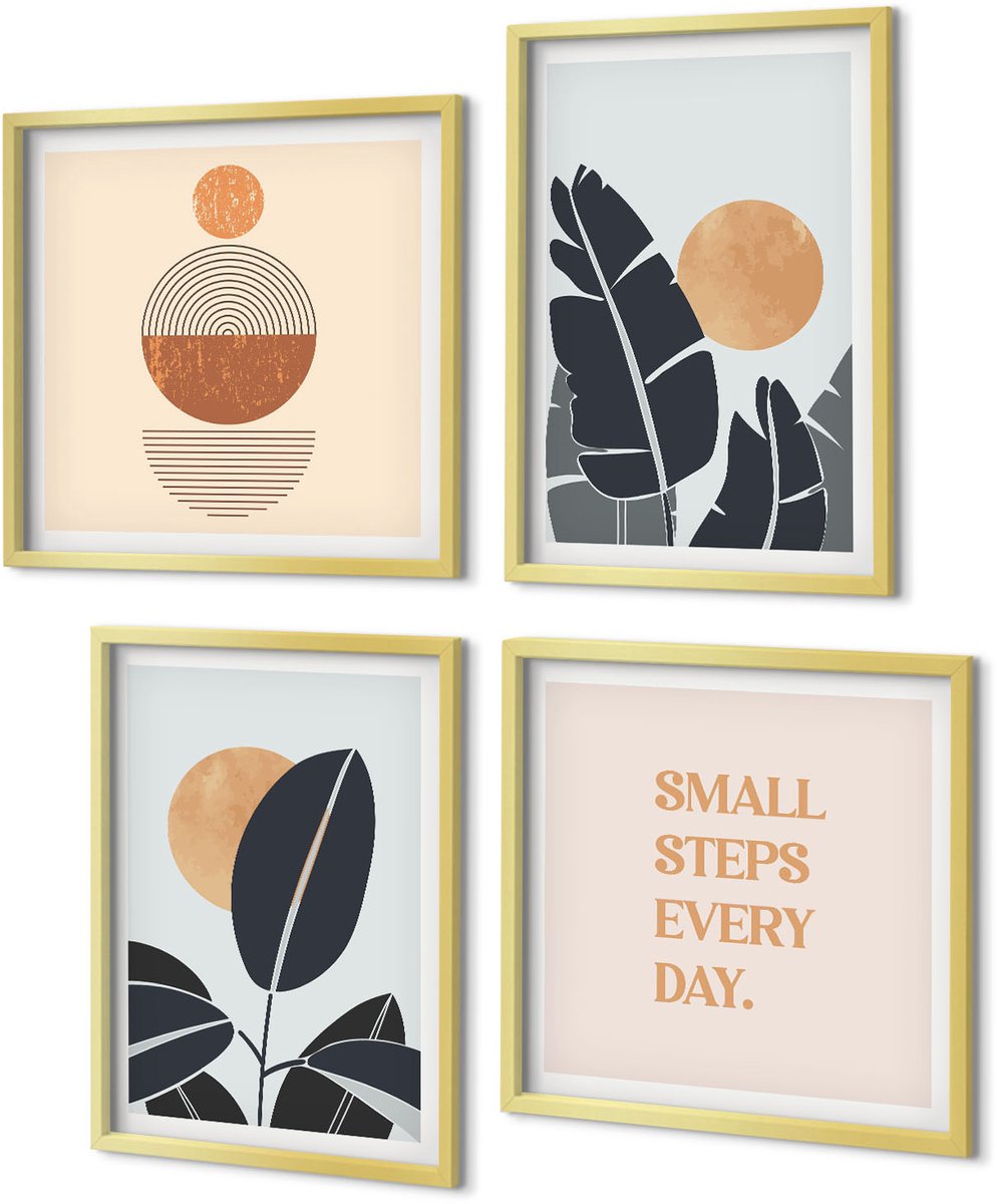 Coloray 4-Delige Schilderij Set - Plantenpatronen met grote zonnen in minimalistische stijl - 40 x 40 cm en 40 x 60 cm - Stijlvolle Wanddecoratie - Interieur - Decoratieve Schilderijen