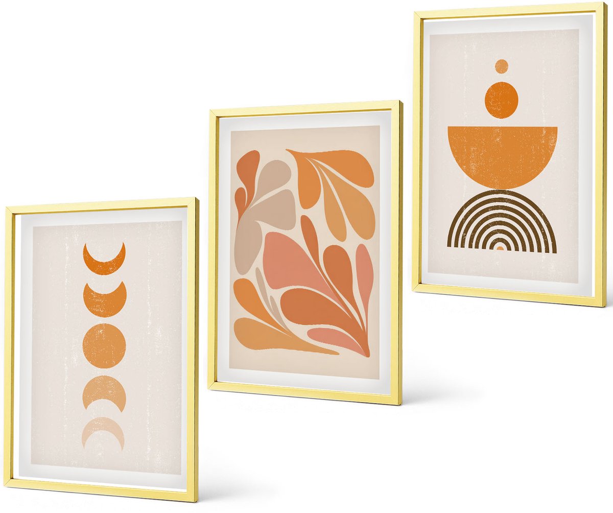 Coloray 3-Delige Schilderij Set - Abstracte Vormen In Oranje Tinten - 40 x 40 cm En 40 x 60 cm - Muurdecoratie - Decoratieve Schilderijen - Wohnzimmer - Moderne Wanddecoratie