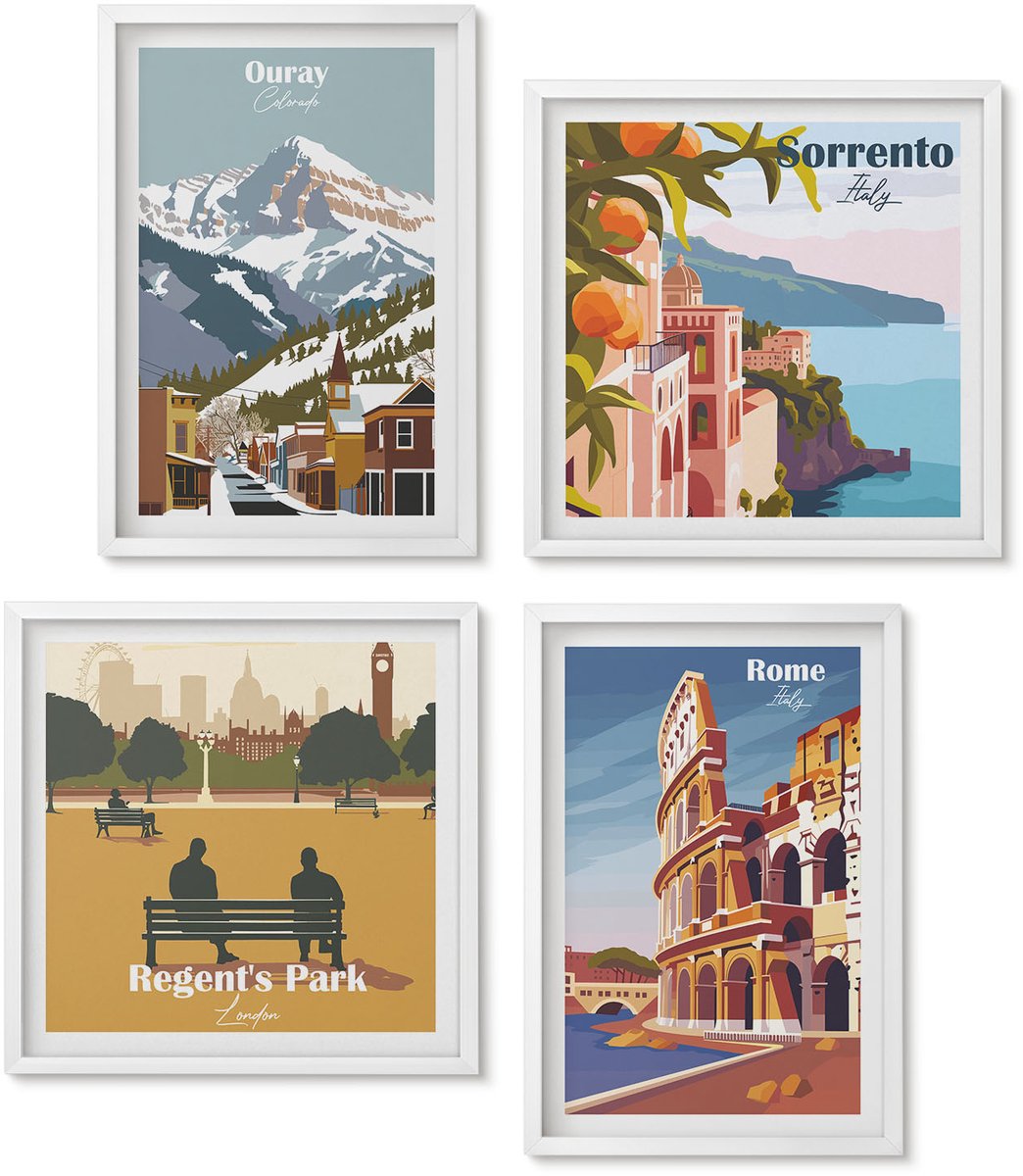 Wallfluent 4-Delige Schilderij Set - Retro-Illustraties Van Beroemde Regio'S Over De Hele Wereld - 40 x 40 En 40 x 60 - Moderne Wanddecoratie - Slaapkamer - Decoratieve Schilderijen