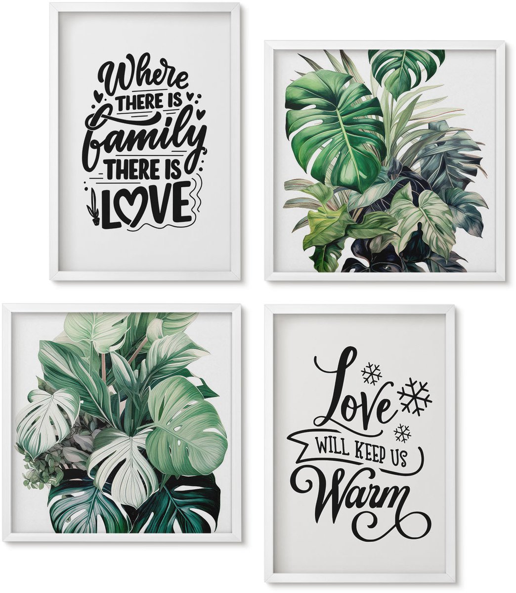 Wallfluent 4-Delige Schilderij Set - Familieliefde, Warmte Thuis, Bladeren, Planten, Aquarel - 40 x 40 En 40 x 60 - Wanddecoratie - Muurdecoratie - Woonkamer