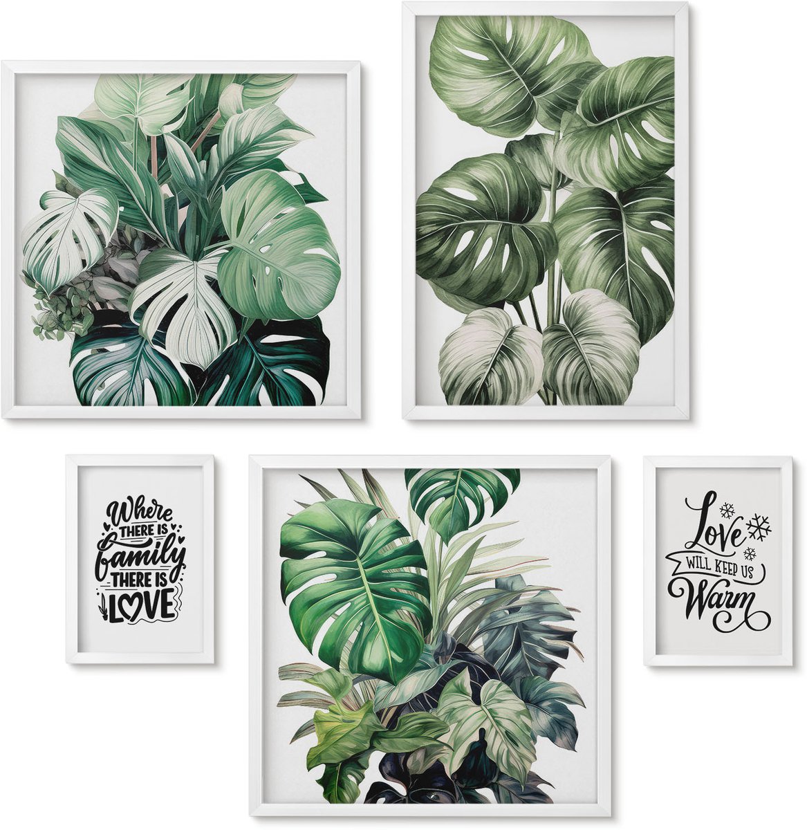Wallfluent 5-Delige Schilderij Set - Boho Bloemenmotieven Met Inspirerende Citaten - 50 x 50 cm, 20 x 30 cm En 40 x 60 cm - Wanddecoratie - Woonkamer Decoratie - Moderne Wanddecoratie