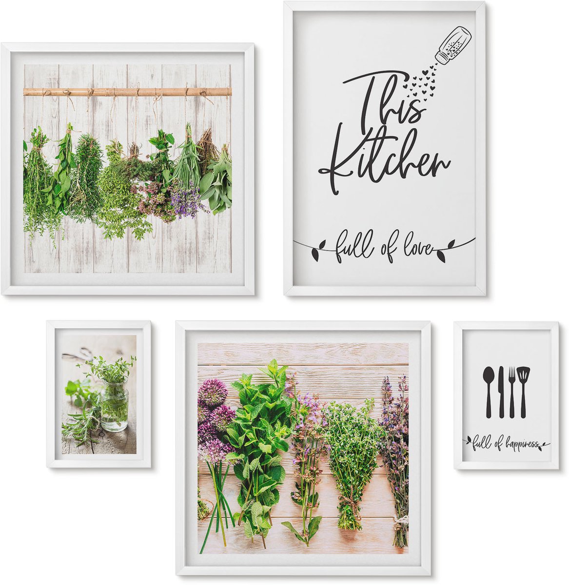 Wallfluent 5-Delige Schilderij Set - Inspiratie Voor Een Rustieke, Kruidige Keuken - 50 x 50 cm, 20 x 30 cm En 40 x 60 cm - Muurdecoratie - Schilderijen Set - Woonkamer - Stijlvolle Muurdecoratie